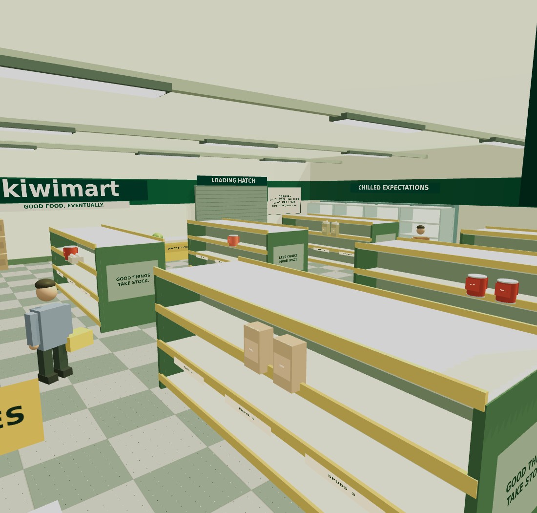 A sunlit green and cream KiwiMart store with tall aisle signs, scattered groceries, and suspiciously empty shelves